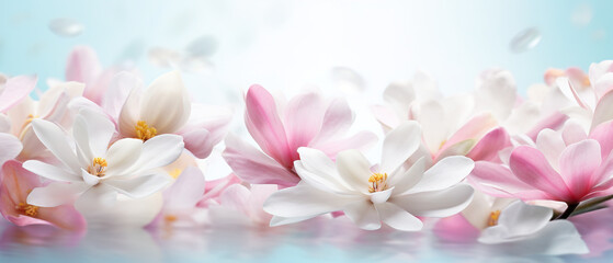 Spring elegance with ultra wide banner with soft pastel petals, perfect background with copy space