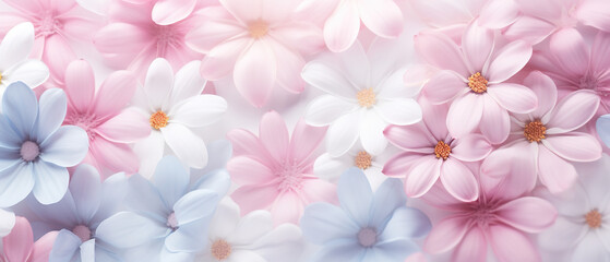 Pastel colored petals of spring, ultra wide, serene, as a perfect background and copy space