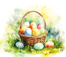Watercolor Easter Eggs in Basket Illustration on White Background