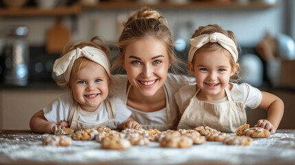 Happy family kids are bake cookies with flour in a bakery, kids bake 