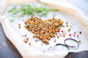 roasted chickpeas in heart shape on parchment paper