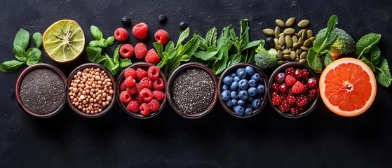 Fotobehang Healthy food clean eating selection,fruit, vegetable, seeds, superfood, cereal, leaf vegetable © Nico