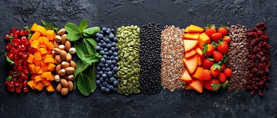Healthy food clean eating selection,fruit, vegetable, seeds, superfood, cereal, leaf vegetable