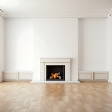 An empty room interior in white, enhanced by the presence of a fireplace.