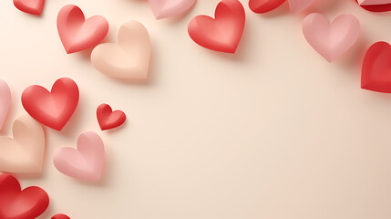 Love (Valentine's day) background or wedding background. Pink and red paper hearts on a soft beige pastel background. Love concept. Generative AI illustration 