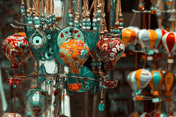 Hot air balloons. Handmade ceramics souvenirs in form of flying multicolored balloons in gift shop...