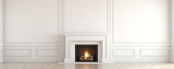 An empty room interior in white, enhanced by the presence of a fireplace.