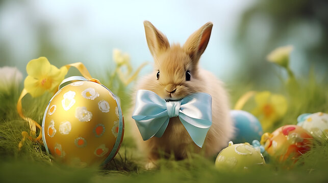 an Easter bunny with a ribbon and bow, presenting a beautifully wrapped Easter egg, creating an endearing and gift-worthy image for an Easter card, captured in high definition