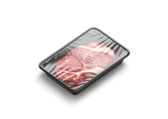 Blank transparent plastic tray with beef mockup, side view