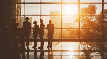 Businesspeople in silhouette near a window on sunrise.