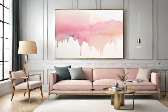 abstract pink watercolor stain art in modern interior