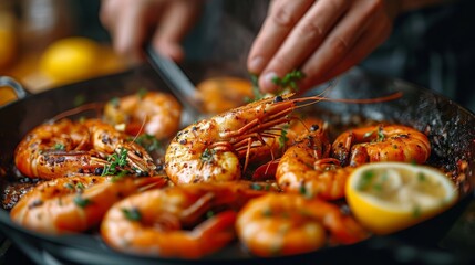 Seafood, Professional cook prepares shrimps with beans.  - obrazy, fototapety, plakaty