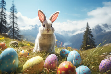 Amidst a green meadow framed by majestic mountains, the real easter bunny presides over a scene adorned with colorful eggs, vibrant celebration of the season's magic
