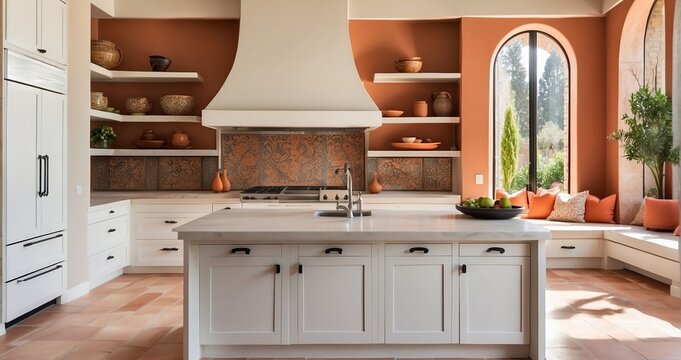 A modern Mediterranean kitchen with sleek white cabinetry, marble countertops, mosaic tile backsplash, wrought iron accents, and warm terracotta flooring - Generative AI