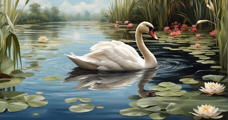 A scene of a graceful swan gliding across a tranquil pond surrounded by elegant reeds and water lilies - Generative AI