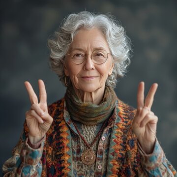 Studio portrait of a old senior woman showing victory sign