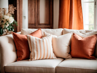 Fototapeta na wymiar Close up of fabric sofa with white and terra cotta pillows. French country home interior design of modern living room