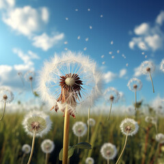 Beautiful puffy dandelions and flying seeds against blue sky on sunny day	
