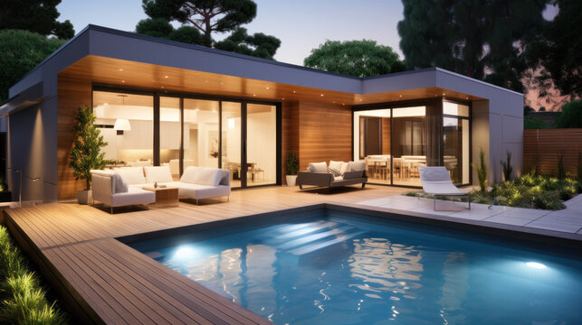 Tropical villa view with garden, swimming pool and open living room at sunset.