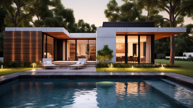 Modern house with a swimming pool, modern pool villa at the beach, luxury villa