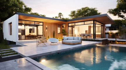 Tropical villa view with garden, swimming pool and open living room at sunset.