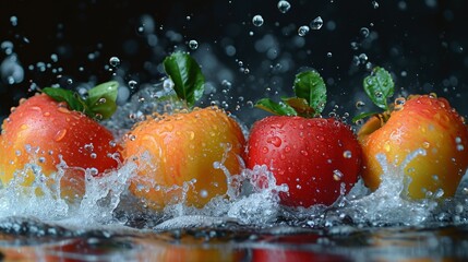 Super fresh Fruit falling with waterdrops on it and black background