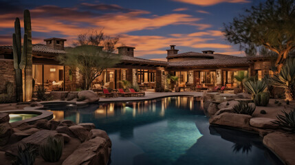 Fototapeta premium Tropical villa view with garden, swimming pool and open living room at sunset.