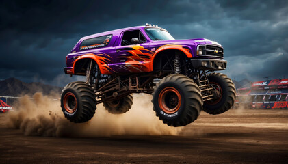 A monster truck jumps into the air - obrazy, fototapety, plakaty