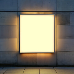 An empty square light box is displayed on an outdoor beige concrete wall, serving as a mock-up for potential content