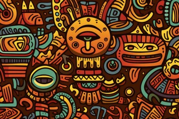 Cartoon cute doodles showcasing traditional African tribal art elements, seamlessly integrated into a detailed and culturally rich seamless design, Generative AI
