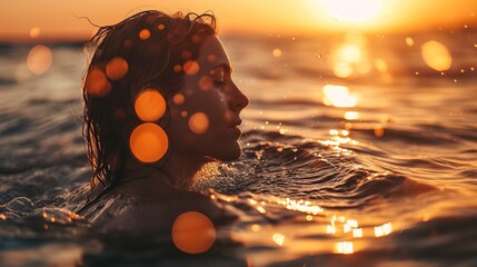 A woman swimming in the sunset-colored sea.