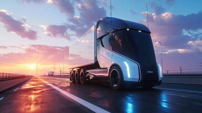 Futuristic electric truck on the highway. Modern tractors. Unusual background.