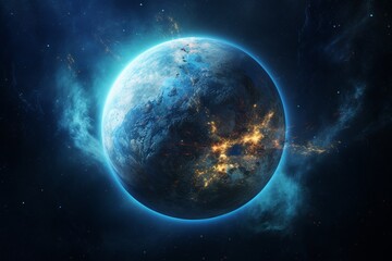 A picture of a planet with a blue and yellow globe in the center
