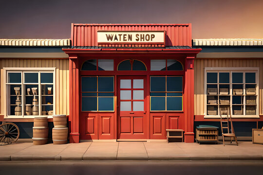3d animation cartoon style  wild west  saloon and geneeral store facade  in the american farwest