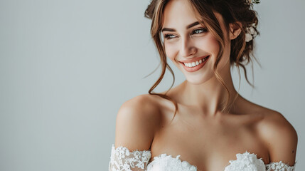 bride standing . she is wearing a beautiful dress and she is smiling. on a gray background, close-up, with empty copy space, wedding advertising