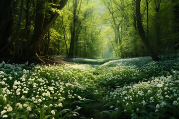 Forrest landscape with floor covered by a blanket of green wild garlic with white blossoms