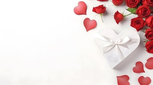 Valentine's day concept heart giftbox and ribbon,paper card,roses,top view,space for text,white background ,wallpaper.