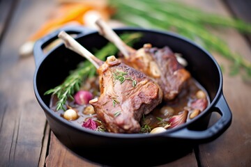 coq au vin in a rustic cast iron pot, fresh thyme garnish