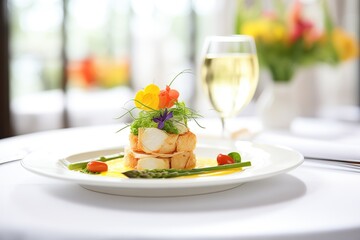 elegant restaurant serving of crab cakes with asparagus