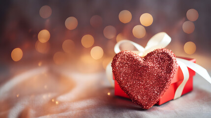 Fototapeta premium Luxury heart giftbox on velvet fabric,paper card closed,roses,top view,space for text,bokeh overlay,star glitter. Valentine's day concept wallpaper and background.