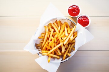high angle of waffle fries with a ketchup cup