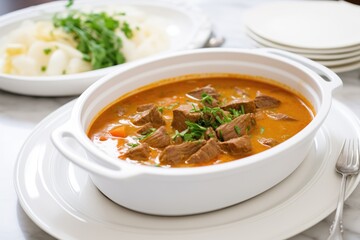 family-size serving of goulash soup in a large white dish