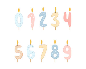 A set of candles in the form of numbers from 0 to 9 for decorating birthday cakes and cupcakes. Vector illustration on a white background.