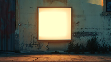 An empty square light box is displayed on an outdoor beige concrete wall, serving as a mock-up for potential content