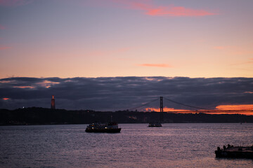Sunset on the river Tejo Tagus at Lisbon, Portugal.