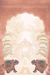 Traditional Mughal decorative arch, elephant illustration for wedding invitation - obrazy, fototapety, plakaty