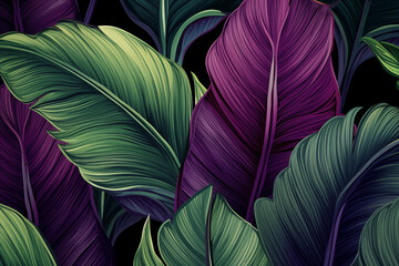 Tropical leaf texture background. Each intricately detailed leaf creates a captivating visual symphony, evoking the vibrant and exotic essence of tropical landscapes - obrazy, fototapety, plakaty