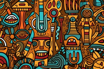 Cartoon cute doodles featuring African tribal motifs and symbols, forming a harmonious and culturally inspired seamless pattern, Generative AI 