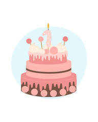 Birthday cake for a girl decorated with a candle in the shape of the number one. Vector illustration on a white background.