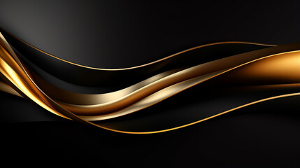 elegant abstract style 3d golden horizontal stripes with decoration gold ribbon on black background - obrazy, fototapety, plakaty